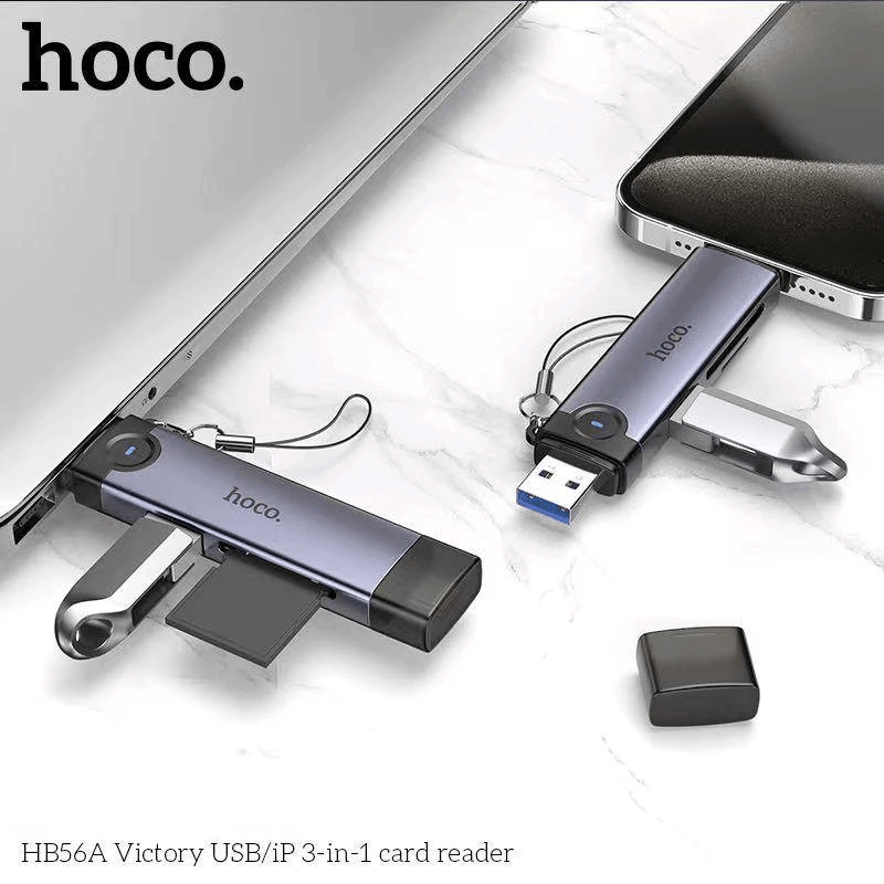 การ์ดรีดเดอร์ 3IN1 HOCO HB56A USB + IOS LIGHTNING อ่าน SD CARD, MICRO SD CARD, USB FLASH DRIVE รองรับ OTG ความเร็วสูง 5GBPS